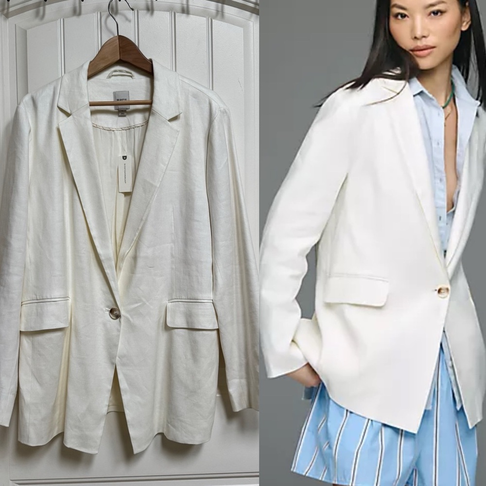 NWT Maeve Ettie Off White Linen Blend Oversized Single Button Blazer. Size L